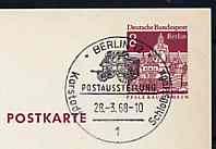 Postmark - West Berlin 1968 8pfg postal stationery card with special cancellation for German-Danish Youth Philatelic Exhibition illustrated with Mailcoach, stamps on postal, stamps on stamp exhibitions, stamps on mail coaches