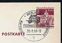 Postmark - West Berlin 1968 8pfg postal stationery card with special cancellation for German-Danish Youth Philatelic Exhibition illustrated with Mailcoach