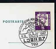 Postmark - West Berlin 1967 postcard with special cancellation for Baden-WŸrttemburg Youth Stamp Exhibition illustrated with Postal Courier & old WŸrttemburg Stamp, stamps on postal, stamps on stamp exhibitions, stamps on stamp on stamp, stamps on postman, stamps on stamponstamp