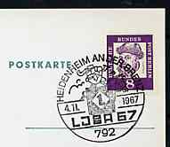 Postmark - West Berlin 1967 postcard with special cancellation for Baden-Wrttemburg Youth Stamp Exhibition illustrated with Postal Courier & old Wrttemburg Stamp, stamps on postal, stamps on stamp exhibitions, stamps on stamp on stamp, stamps on postman, stamps on stamponstamp