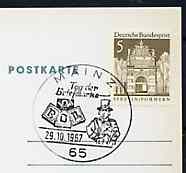 Postmark - West Germany 1967 postcard with special Mainz cancellation for Stamp Day illustrated with Bust of early Postman & Badge of Federation of German Philatelists, stamps on postal     postman