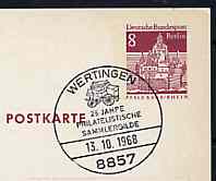 Postmark - West Berlin 1968 8pfg postal stationery card with special Wertingen cancellation for 25th Anniversary of Philatelic Collectors Guild illustrated with Mailcoach, stamps on postal        mail coaches