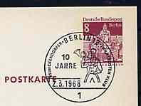 Postmark - West Berlin 1968 8pfg postal stationery card with special Berlin cancellation for 10th Anniversary of Reinickendorfer Philatelists' Club illustrated with Postillion blowing Posthorn, stamps on postal, stamps on posthorn, stamps on postman