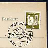 Postmark - West Germany 1965 postcard with special Berlin cancellation for 45th Anniversary of Boddin Stamp Collectors' Society illustrated with stylised stamp and posthorn, stamps on stamp on stamp, stamps on postal, stamps on posthorn , stamps on stamponstamp