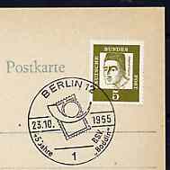 Postmark - West Germany 1965 postcard with special Berlin cancellation for 45th Anniversary of Boddin Stamp Collectors Society illustrated with stylised stamp and posthor..., stamps on stamp on stamp, stamps on postal, stamps on posthorn , stamps on stamponstamp