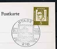 Postmark - West Germany 1966 postcard with special Stade cancellation for 4th Stade Stamp Exhibition illustrated with stylised stamp showing Savings Bank Building, stamps on postal, stamps on stamp on stamp, stamps on stamp exhibitions    finance, stamps on stamponstamp