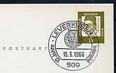 Postmark - West Germany 1966 postcard with special Leverkusen cancellation for 10 Years of Interphil illustrated with stylised stamp & Globe, stamps on , stamps on  stamps on postal, stamps on stamp on stamp, stamps on globes, stamps on  stamps on stamponstamp