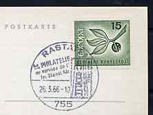Postmark - West Germany 1966 postcard with special Rastatt cancellation for German-French Stamp Exhibition illustrated with Europa Stamp, stamps on stamp on stamp, stamps on stamp exhibitions, stamps on europa, stamps on stamponstamp