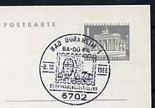 Postmark - West Germany 1966 postcard with special Bad D\9Frkhein cancellation for Ba-Du-Fil Stamp Exhibition illustrated with Stamp depicting Wine Barrel, stamps on stamp on stamp, stamps on stamp exhibitions, stamps on wine    alcohol, stamps on stamponstamp