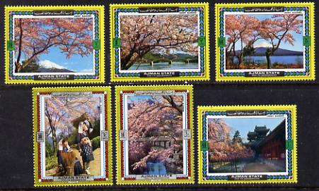 Ajman 1972 ? Cherry Blossom perf set of 6 unmounted mint*, stamps on , stamps on  stamps on fruits, stamps on  stamps on trees, stamps on  stamps on mountains, stamps on  stamps on bridges