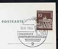 Postmark - West Germany 1966 postcard with special Hamburg cancellation for Stamp Collectors' Publicity Show illustrated with stylised stamp & Initials BUW, stamps on postal, stamps on stamp on stamp, stamps on stamp exhibitions, stamps on stamponstamp