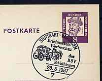 Postmark - West Berlin 1967 8pfg postal stationery card with special Stuttgart cancellation for Stamp Publicity Show illustrated with Mail coach, stamps on , stamps on  stamps on stamp exhibitions, stamps on  stamps on mail coaches