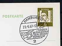 Postmark - West Germany 1967 postcard with special Hamburg cancellation for Opening of Pneumatic Post illustrated with letters entering tube, stamps on postal    