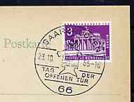 Postmark - West Berlin 1965 postcard with special SaarbrŸcken cancellation for Post Office Open Day illustrated with stylised Postal Worker, stamps on , stamps on  stamps on postal  