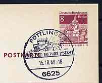 Postmark - West Berlin 1967 8pfg postal stationery card with special cancellation for Centenary of Pttlingen Post Office illustrated with Mailcoach, stamps on postal    mail coaches
