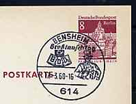 Postmark - West Berlin 1968 8pfg postal stationery card with special Bensheim cancellation for 15th Exchange Day illustrated with Bust of early Postman & Badge of Federation of German Philatelists, stamps on postal     postman