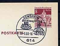 Postmark - West Berlin 1968 8pfg postal stationery card with special Bensheim cancellation for 15th Exchange Day illustrated with Bust of early Postman & Badge of Federation of German Philatelists, stamps on , stamps on  stamps on postal     postman