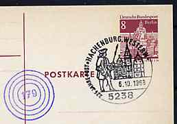 Postmark - West Berlin 1968 8pfg postal stationery card with special cancellation for 225th Anniversary of the Post in Hachenburg illustrated with Postal Messenger & Church plus cachet of the old Hachenburg '179' ring cancel, stamps on postal    postman     churches