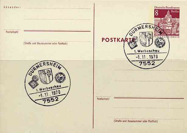 Postmark - West Berlin 1970 8pfg postal stationery card with special Durmersheim cancellation Stamp & Coin Show illustrated with Towns Arms, Baden 3kr stamp & Olympic Coi..., stamps on stamp exhibitions, stamps on coins    olympics    arms, stamps on heraldry