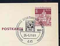 Postmark - West Berlin 1969 8pfg postal stationery card with special Dortmund cancellation for Stamp Exhibition illustrated with reproduction of Hamburg Stamp Exhibition Issue, stamps on stamp on stamp, stamps on stamp exhibitions, stamps on stamponstamp
