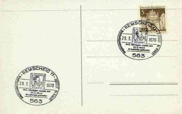 Postmark - West Berlin 1970 postcard with special Remscheid cancellation for Stamp Exhibition & 125th Anniversary of Birth of R9Antgen illustrated with stamp bearing R9Antgen's Portrait, stamps on , stamps on  stamps on stamp exhibitions, stamps on x-rays, stamps on stamp on stamp, stamps on nobel, stamps on science, stamps on physics, stamps on atomics, stamps on personalities, stamps on  stamps on stamponstamp