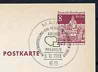 Postmark - West Berlin 1968 8pfg postal stationery card with special Mainz cancellation for Out of Love for Philately Stamp Exhibition illustrated with Heart & stylised s..., stamps on stamp exhibitions, stamps on stamp on stamp, stamps on heart, stamps on stamponstamp