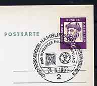 Postmark - West Berlin 1968 postcard with special Hamburg cancellation for Youth Stamp Exhibition illustrated with Reproductions of Rumania & Hamburg's first issues, stamps on , stamps on  stamps on stamp on stamp, stamps on stamp exhibitions, stamps on  stamps on stamponstamp