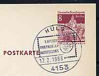 Postmark - West Berlin 1968 8pfg postal stationery card with special Hls cancellation for First Hls Stamp Exhibition illustrated with stylised stamp & arms of Hls, stamps on stamp on stamp, stamps on stamp exhibitions, stamps on arms, stamps on heraldry, stamps on stamponstamp