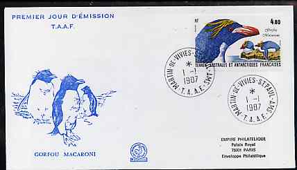 French Southern & Antarctic Territories 1987 Antarctic Wildlife (Macaroni Penguins) on illustrated cover with first day cancel, SG 226, stamps on penguins, stamps on polar