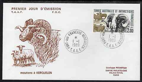 French Southern & Antarctic Territories 1989 Flora & Fauna 2f (Sheep) on illustrated cover with first day cancel, SG 245, stamps on , stamps on  stamps on animals, stamps on  stamps on sheep, stamps on  stamps on ovine