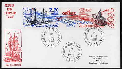 French Southern & Antarctic Territories 1989 Ships set of 2 plus label on illustrated cover with first day cancel, SG 250a, stamps on , stamps on  stamps on ships