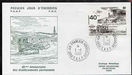 French Southern & Antarctic Territories 1989 Anniversary of Establishment of Permanent Bases on illustrated cover with first day cancel, SG 255, stamps on bulldozer, stamps on excavator, stamps on polar, stamps on  jcb , stamps on civil engineering