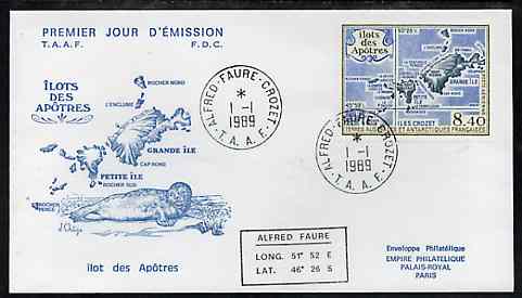 French Southern & Antarctic Territories 1989 Apostle Island 8f40 on illustrated cover with first day cancel, SG 254, stamps on , stamps on  stamps on maps, stamps on  stamps on seals