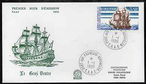 French Southern & Antarctic Territories 1988 Le Gros Ventre (Frigate) on illustrated cover with first day cancel, SG 237, stamps on ships