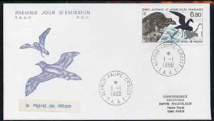 French Southern & Antarctic Territories 1988 Wilson's Petrel on illustrated cover with first day cancel, SG 242, stamps on birds