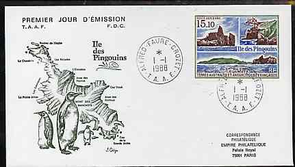 French Southern & Antarctic Territories 1988 Penguin Island 15f10 on illustrated cover with first day cancel, SG 241, stamps on , stamps on  stamps on maps, stamps on  stamps on penguins, stamps on  stamps on polar