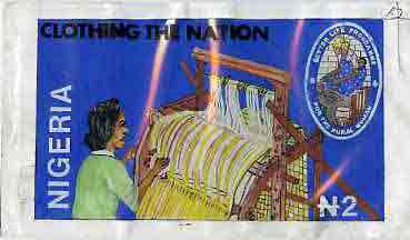 Nigeria 1992 National Centre for Womens Development - original hand-painted artwork for N2 value (Woman at Loom) by unknown artist on card 220 x 130 mm endorsed B2, stamps on textiles      women