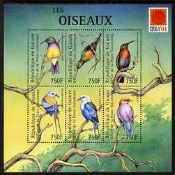 Guinea - Conakry 2001 Birds #1 perf sheetlet containing 6 values with Phila Nippon 01 logo unmounted mint. Note this item is privately produced and is offered purely on its thematic appeal , stamps on , stamps on  stamps on birds, stamps on  stamps on stamp exhibitions