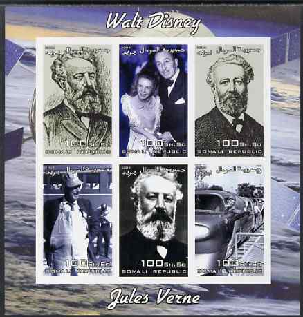 Somalia 2004 Walt Disney & Jules Verne imperf sheetlet containing 6 values unmounted mint. Note this item is privately produced and is offered purely on its thematic appeal, stamps on , stamps on  stamps on personalities, stamps on  stamps on films, stamps on  stamps on cinema, stamps on  stamps on movies, stamps on  stamps on disney, stamps on  stamps on literature, stamps on  stamps on verne, stamps on  stamps on sci-fi