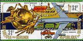 Burundi 1974 Mail Transport 31f se-tenant very fine used pair (from UPU Centenary set) showing Aeroplane, Motorbike, Train, Ship & Car (SG 986-87), stamps on upu     ships    motorbikes    cars     railways    aviation, stamps on  upu , stamps on 