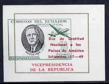 Ecuador 1949 Roosevelt imperf proof single insc Vicepresidencia de la Republic with main design (map & aeroplane) shifted 7mm to left unmounted mint, stamps on aviation, stamps on ww2, stamps on constitution, stamps on maps, stamps on personalities, stamps on americana, stamps on teddy bears, stamps on usa presidents, stamps on nato, stamps on  ww2 , stamps on 