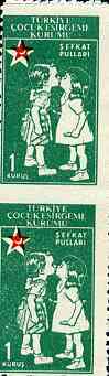 Turkey 1957 Postal Tax - Children Kissing 1k vert pair imperf between, stamps on children       red cross