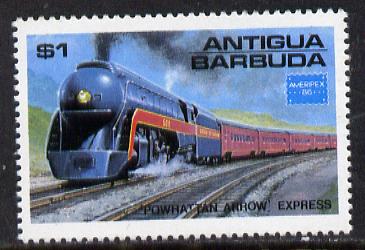 Antigua 1986 Ameripex Stamp Exhibition $1 Arrow Express unmounted mint (SG 1016), stamps on , stamps on  stamps on postal, stamps on  stamps on railways, stamps on  stamps on stamp exhibitions