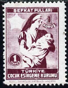 Turkey 1945 Obligatory Tax 1k (Nurse Holding Baby) unmounted mint with red (star) omitted, unlisted by Gibbons (SG T1354var), stamps on red cross    medical    nurses    children
