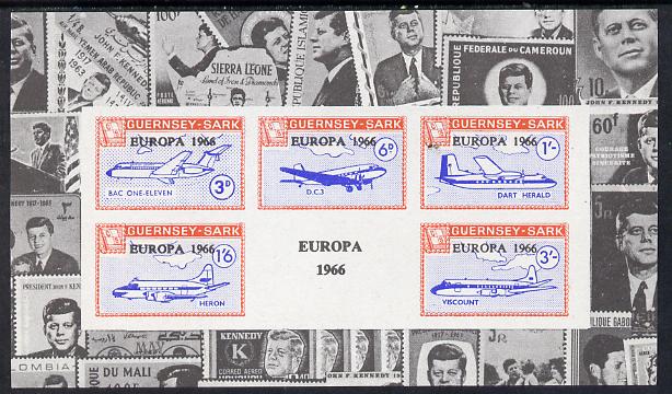 Guernsey - Sark 1966 Europa overprint on Aircraft imperf deluxe m/sheet surrounded by montage of Kennedy stamps, unmounted mint Rosen CS 103LS, stamps on , stamps on  stamps on aviation, stamps on  stamps on europa, stamps on  stamps on personalities, stamps on  stamps on kennedy, stamps on  stamps on usa presidents, stamps on  stamps on americana