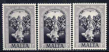 Malta 1954 the Immaculate Conception perf set of 3 in black specially produced for the Penrose book, marked on reverse 'Reproduction only, No Postal or Philatelic value' unmounted mint, stamps on religion