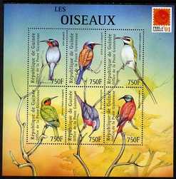 Guinea - Conakry 2001 Birds #3 perf sheetlet containing 6 values with Phila Nippon 01 logo unmounted mint. Note this item is privately produced and is offered purely on its thematic appeal , stamps on , stamps on  stamps on birds, stamps on  stamps on stamp exhibitions, stamps on  stamps on 