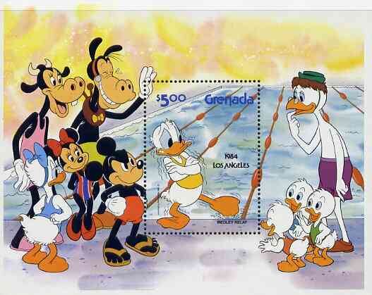 Grenada 1984 Los Angeles Olympics, Walt Disney Characters in Olympic Events unmounted mint m/sheet (Swimming Relay) SG MS 1286A, stamps on disney    olympics    swimming