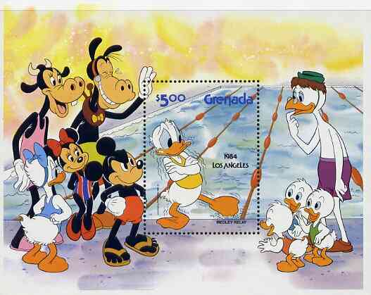 Grenada 1984 Los Angeles Olympics, Walt Disney Characters in Olympic Events unmounted mint m/sheet (Swimming Relay) SG MS 1286A, stamps on , stamps on  stamps on disney    olympics    swimming