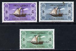 Ras Al Khaima 1965 Ships set of 3 with Franklin D Roosevelt overprint unmounted mint (Mi 27-29) , stamps on constitutions, stamps on personalities, stamps on ships, stamps on americana, stamps on teddy bears, stamps on usa presidents